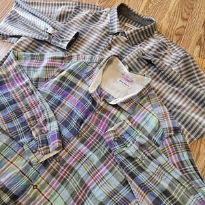 Lot Of 2 Tommy Bahama Mens Shirts XXL Plaid Stripe Linen Cotton Silk Long Sleeve